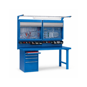 Mesa Metálica de Trabajo -  4 cajones, 2 estantes con gavetas, tubo de luz y 2 armarios